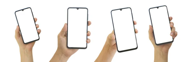 Kolekcja Mężczyzna Ręka Gospodarstwa Mobilny Smartfon Pustym Ekranem Izolowane Białym — Zdjęcie stockowe