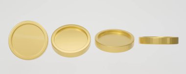 Beyaz arka planda farklı şekillerde altın sikke seti. 3d oluşturma.