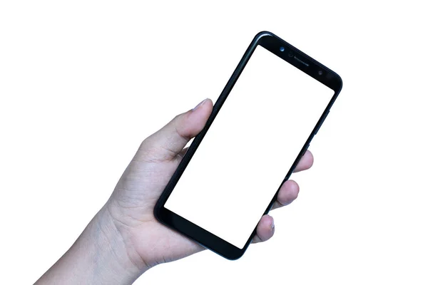 Χέρι Κρατώντας Smartphone Απομονώνονται Λευκό Φόντο Περιλαμβάνουν Περικοπή Διαδρομή Κινητό — Φωτογραφία Αρχείου