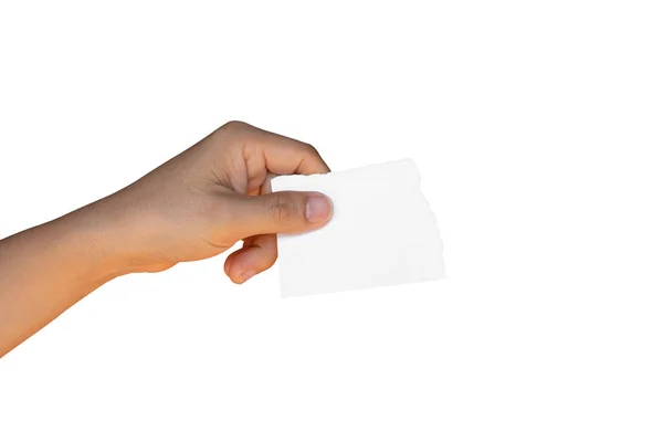 Χέρι Κρατώντας Άρπαξαν Σχισμένο Χαρτί Απομονώνονται Λευκό Φόντο Περικοπή Διαδρομής — Φωτογραφία Αρχείου