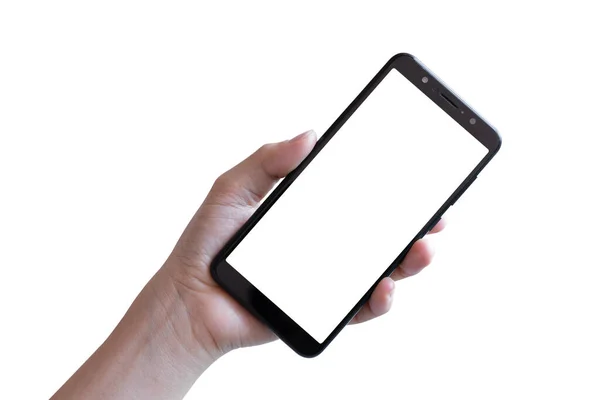 Ręczne Trzymanie Smartfona Białym Tle Ścieżka Wycinania Telefon Komórkowy Pustym — Zdjęcie stockowe