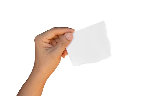 Рука Держит Разорванную Бумагу Изолированы Белом Фоне Обрезкой Пути — стоковое фото