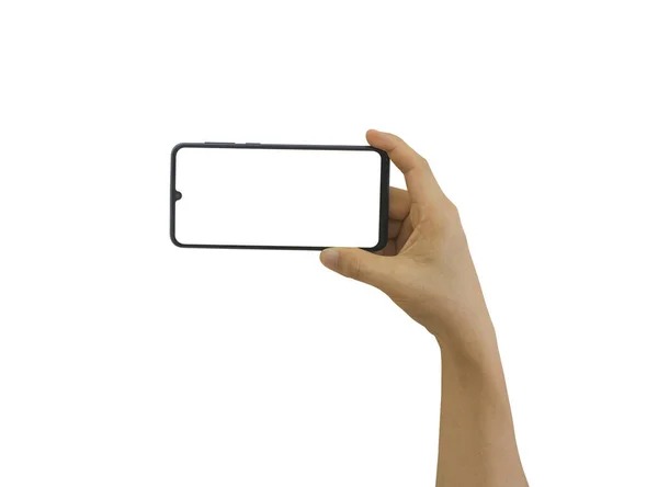 Mężczyzna Trzyma Telefon Komórkowy Smartfon Pustym Ekranem Izolowane Białym Tle — Zdjęcie stockowe