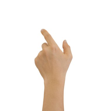 Adamın eli beyaz arka planda izole edilmiş bir şeyi işaret ediyor. Kırpma yolunu dahil et.