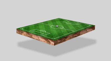Üç boyutlu görüntüleme. Yeşil çimen futbol sahası beyaz arkaplanda izole.