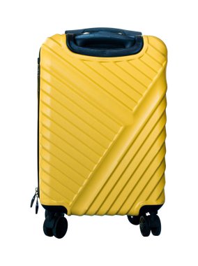 Sarı valiz beyaz arka planda izole edilmiş. kırpma yolu