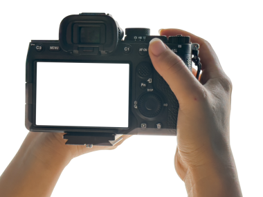 Beyaz ekranlı, şeffaf arka planda izole edilmiş aynasız kamera. PNG Dosyası