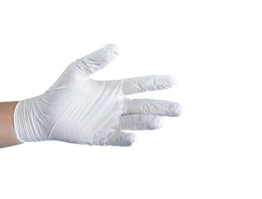Male hand in white medical glove isolated on white background.