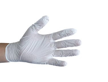 Male hand in white medical glove isolated on white background.