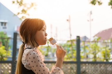 Genç Asyalı kız güneşli bir günde dışarıda dondurma yiyor..