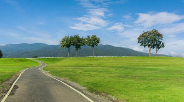 Güneşli bir günde asfalt yolda mavi gökyüzü