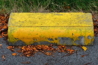 Sarı lastik çöp tenekesi yeşil çimlerin üzerinde