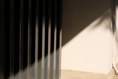 Tahta zemini ve beyaz kapısı olan bir duvarın gölgesi.