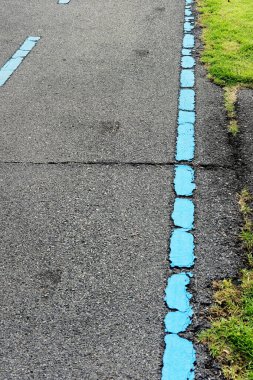 Yeşil asfalt yoldaki mavi ve beyaz yol tabelası