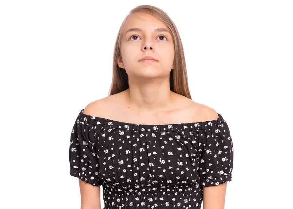 Gyönyörű Tini Lány Mosolyog Felnéz Egy Fiatal Vicces Gyerek Portréja — Stock Fotó