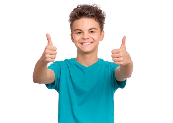 ハンサムな10代の男の子の肖像画は ジェスチャーを親指を作る 白い背景に孤立した幸せなかわいい子供 — ストック写真