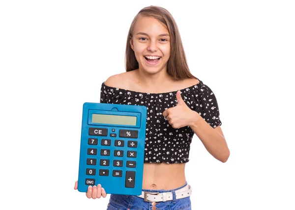 Studentessa Intelligente Possesso Una Grande Calcolatrice Rendendo Teen Ragazza Isolata Immagine Stock