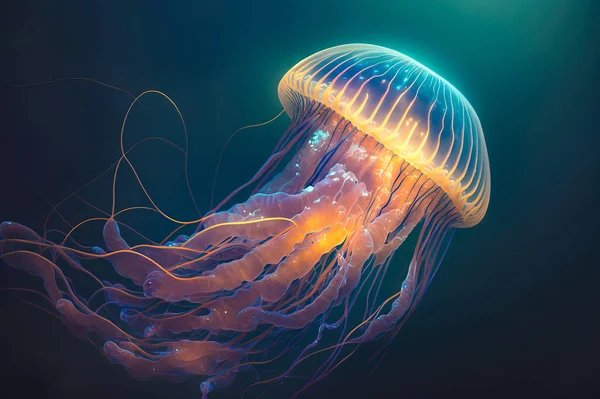 Glowing Jellyfish in deep blue sea, generative AI