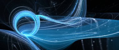 Q harfi ile parlayan mavi Kuantum iletişim şablonu, bilgisayar tarafından oluşturulan soyut arkaplan, 3D görüntüleme