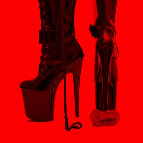 Black High Heel Platform Boots Tramp Rose Red Light Mercy — Stock Photo, Image
