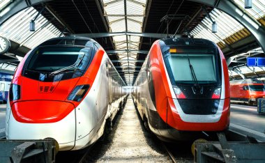 İsviçre 'deki Zürih Ana İstasyonu' nda modern yolcu trenleri