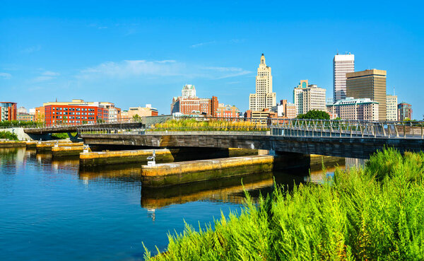 Footbridge with skyline of Downtown Providence on the Providence river in Rhode Island, United States