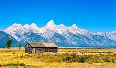 ABD 'nin Wyoming şehrindeki Grand Teton Ulusal Parkı' ndaki Mormon Sokağı 'ndaki tarihi John Moulton ahırı.