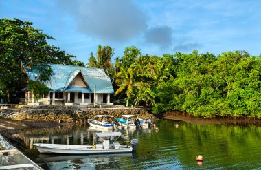 Küçük balıkçı tekneleri, sakin sular ve sabahın erken saatlerinde verimli tropikal yeşilliklerle çevrili, Palau 'nun Koror kentindeki teneke çatılı bir sahil evinin yakınındaki sakin bir sahil boyunca demirlemiştir..