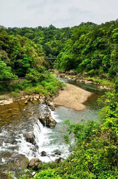 Keelung Nehri, Tayvan, Shifen 'in yemyeşil arazisinde süzülerek kayaların ve küçük şelalelerin etrafını oyuyor. Yoğun subtropikal ormanlarla çevrili nehir, manzaralı Pingxi Bölgesi içinde huzurlu bir doğal geri çekilme sunuyor.