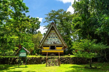 Koror, Palau - 18 Nisan 2025: Belau Ulusal Müzesi 'nde renklendirilmiş geleneksel bai evi. Etrafı yemyeşil tropikal bitki örtüsüyle çevrili ve uzun ağaçlarla çevrili olan bu yapı Palauan kültür mirasını yansıtıyor.