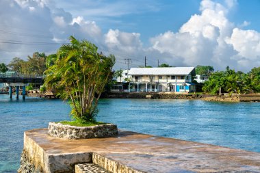 Palau, Koror 'daki Long Island Park' ın kıyı manzarası, su kenarındaki taştan bir platformda küçük bir grup palmiyeyi gösteriyor. Binalar ve kanal boyunca uzanan köprü parçalı bulutlu bir gökyüzünün altında.