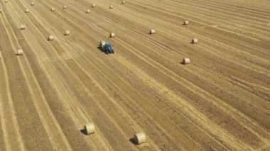 Traktörü mercimeği fırına verirken yukarıdan bakıldığında, kamışı yuvarlayan ve tarımsal alanın üzerine doldurulmuş yuvarlak bir balya tüküren makine....