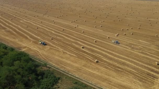 二つのトラクターの上からの眺め彼らは円形のバリアを引っ張っ機械は わらをロールアップし 農業分野の上に詰め丸い玉を分割します — ストック動画