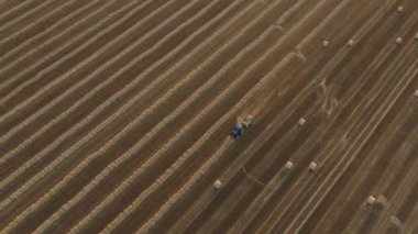 En üstte, doli hareket, traktörün üzerinde yuvarlak balya çekme makinası, kamışı yuvarlayan ve tarımsal alanın üzerine doldurulmuş yuvarlak bir balya tüküren makine.