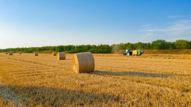 Hasattan sonra saman balyasının üstünde, arka plandaki traktör samanı çekiyor, kamışı yuvarlayan ve tarımsal alana tüküren makine..