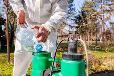 Çiftçi, meyve ağaçlarını mantar veya haşarat hastalıklarından korumak için meyve suyu püskürtmek için plastik sırt çantasındaki böcek ilacının su ve botanik çözeltilerini hazırlıyor..