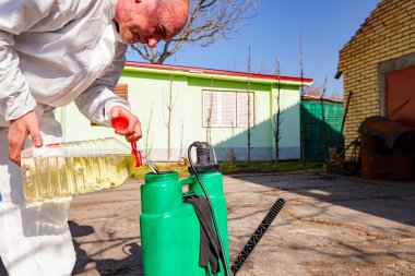 Çiftçi, meyve ağaçlarını mantar veya haşarat hastalıklarından korumak için meyve suyu püskürtmek için plastik sırt çantasındaki böcek ilacının su ve botanik çözeltilerini hazırlıyor..
