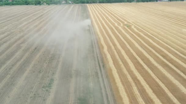 Camera Panning View Follow Tractor Dragging Two Trailers Grain Wheat — Video