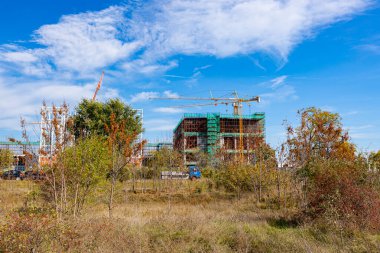 İnşaat alanının önünde birkaç küçük ağaç ve bitki örtüsü ve birkaç vinç, endüstriyel kompleksin metal yapısını birleştiriyorlar.. 