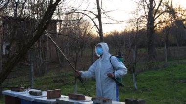 Koruyucu giysiler içindeki çiftçi meyve ağaçlarına uzun spreyler sıkarak onları mantar hastalıklarından ya da parazitlerden korur. İlkbaharın başlarında, arı kolonisi yakınlarında, arı kolonisi yakınlarında.