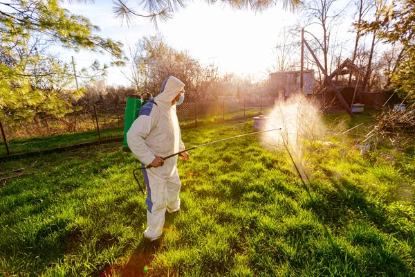 保護医療面マスクと衣類を持つ農家のバックライトは 春の初めに真菌病や害虫から化学物質でそれらを保護するために長いスプレーを使用して果樹園で果物の木を噴霧します — ストック写真