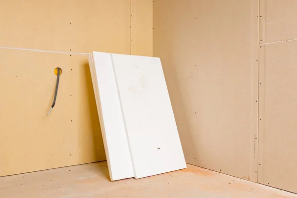 Ein Paar Gipskartonplatten Warten Darauf Den Trennwänden Des Bau Befindlichen — Stockfoto