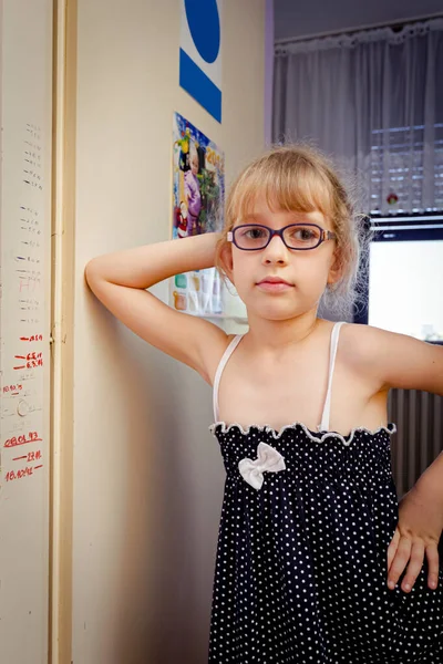 Portrait Sweet Preschooler Girl Glasses Next Drawn Pencil Lines Dates — Stock Photo, Image