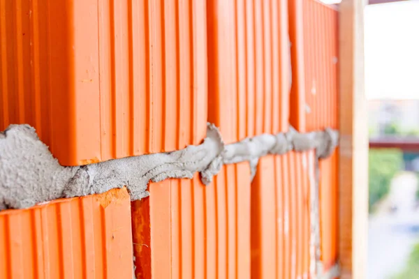 Close Shot Wall Red Blocks Mortar Bricklaying Building Construction — Stock Photo, Image