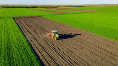 Manzaranın üstünde, ekilebilir tarla, toprak, yeni tahıl, mısır, mısır ekimi üzerine mekanik tohum ekme makinesi çeken bir traktör var..