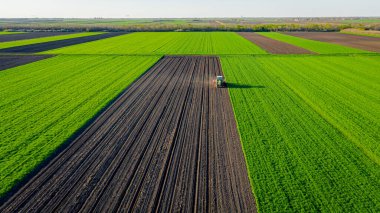 Above view, of tractor as pulling mechanical seeder machine over arable field, soil, planting new cereal crop, corn, maize. clipart