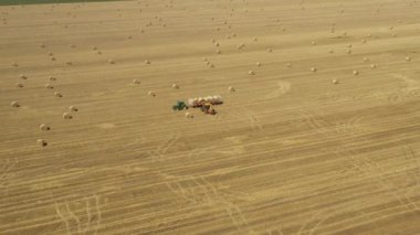 Dolly, kazıcının etrafındaki yörüngeyi tarladaki saman balyalarını, forklift bıçağı ve ilave taşıyıcı bıçak kullanarak traktörle tarlaya yüklerken hareket ettiriyor..