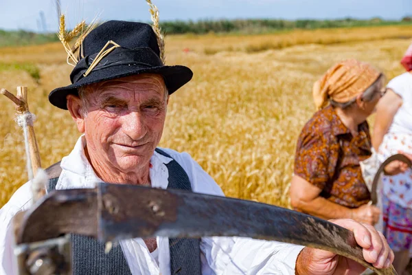 Muzlja Vojvodina Sérvia Julho 2022 Xxxix Tradicionalmente Cortando Trigo Retrato — Fotografia de Stock