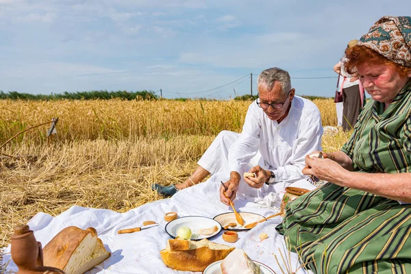 Muzlja Vojvodina Serbien Juli 2022 Xxxix Traditionelle Weizenernte Ältere Männer — Stockfoto