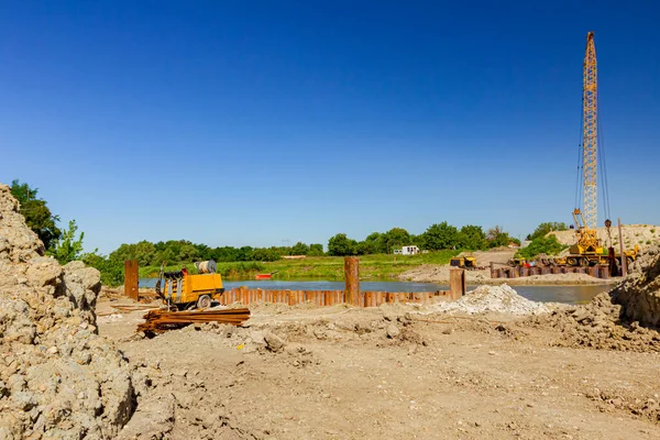 Installed Metal Piles River Bank Build Bridge Foundation Square Reinforcement — Stock Photo, Image